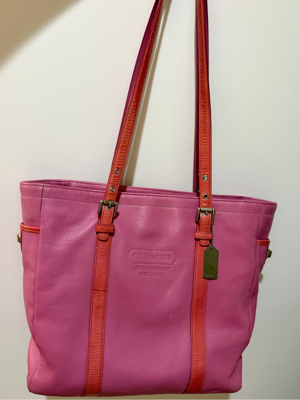Coach Pink Leather Tote with Contrasting Red/Orange Straps and Metal Hangtag